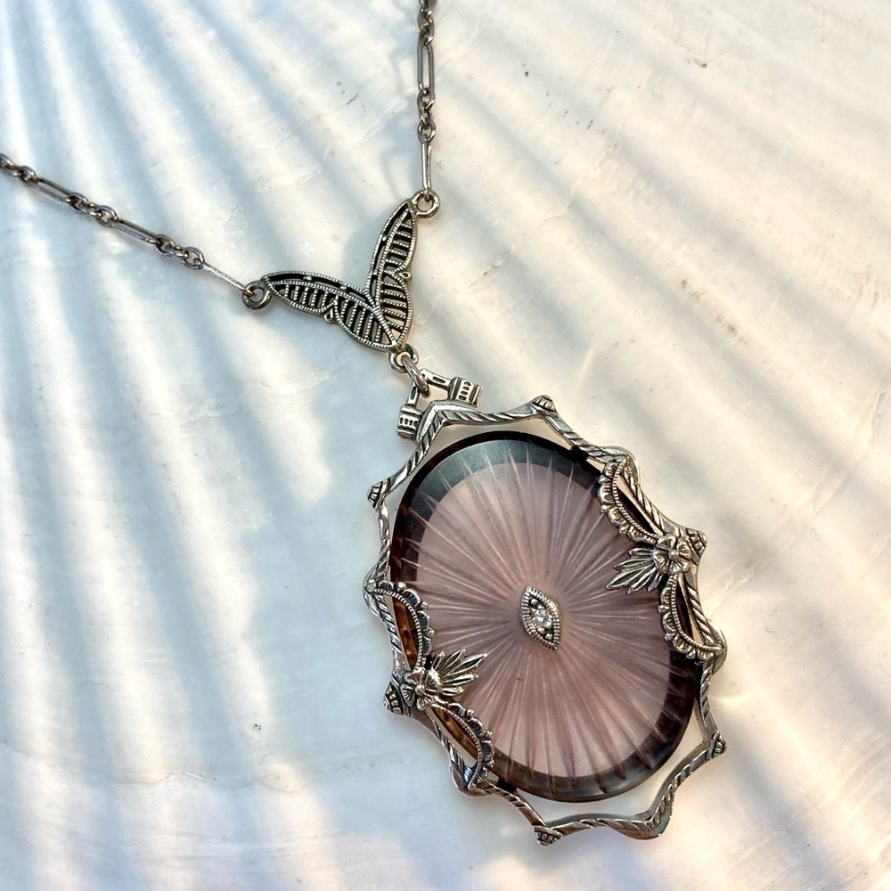 Intricate Sunray Amethyst Camphor Glass Sterling Silver and Diamond Necklace